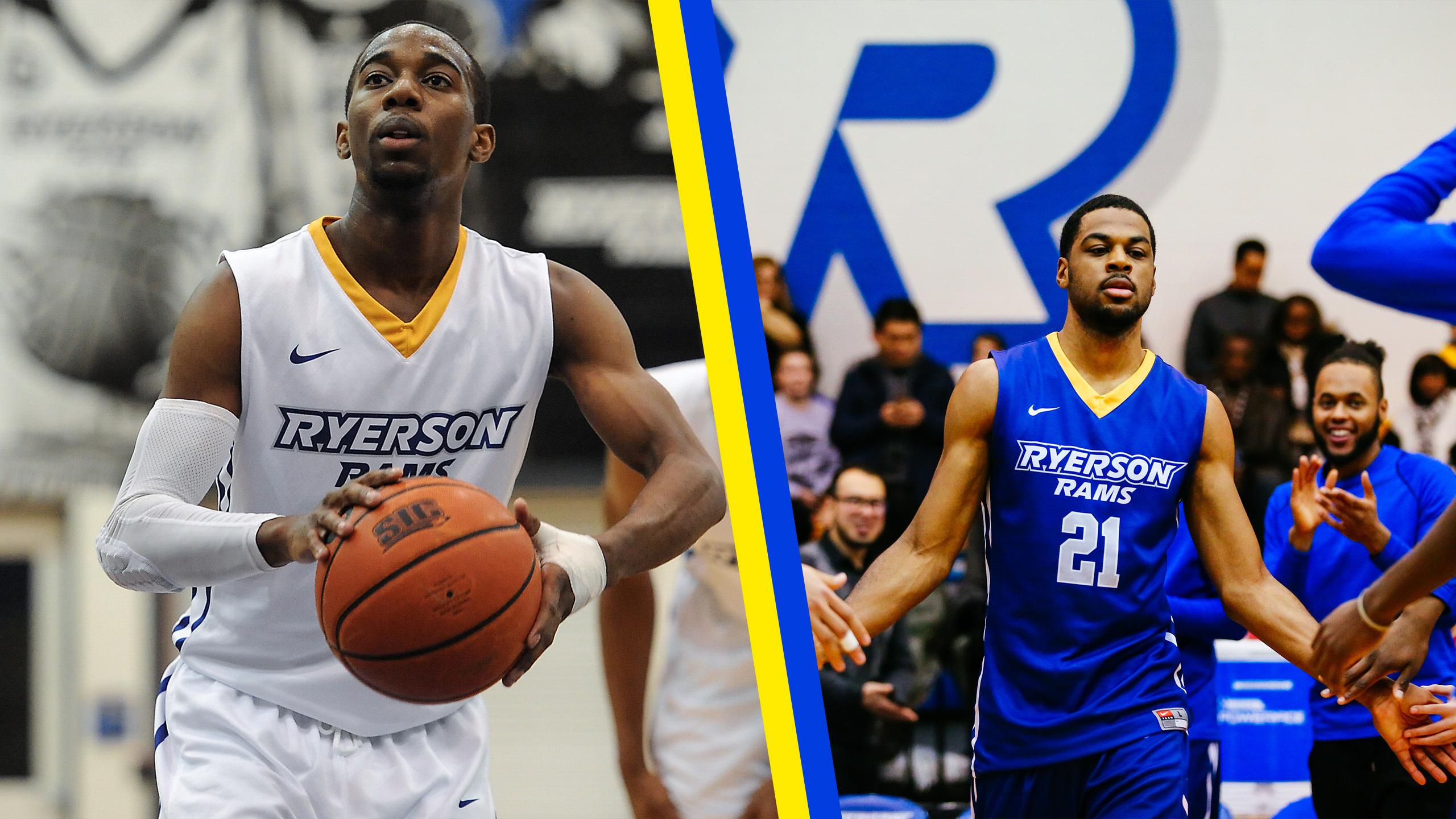 A Rams men's basketball player in a white jersey and Rams men's basketball player in a blue jersey
