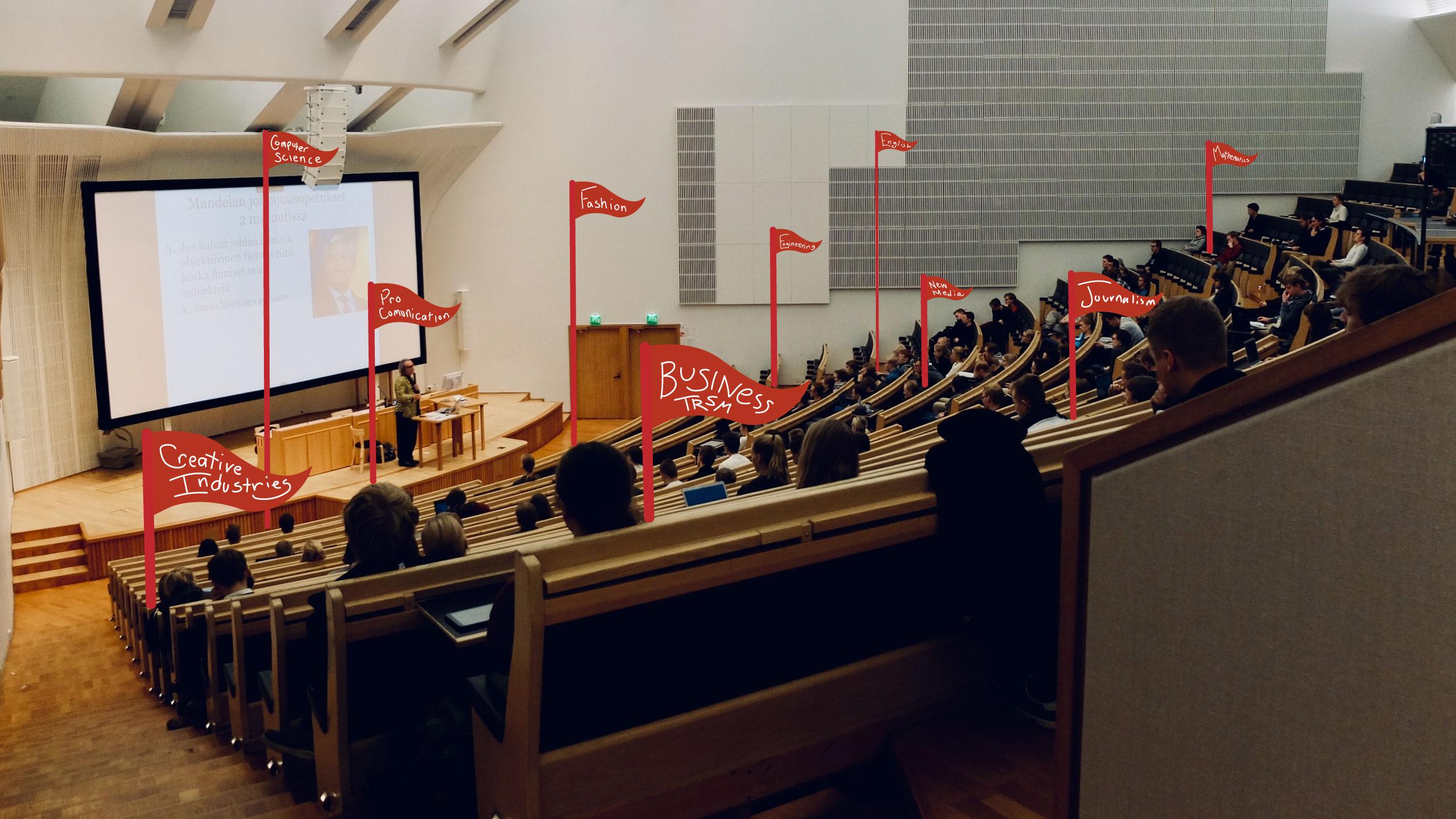 a photograph of a filled lecture hall with illustrated red flags emerging from the seats.