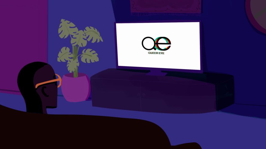 Student watching Queer Eye in their living room