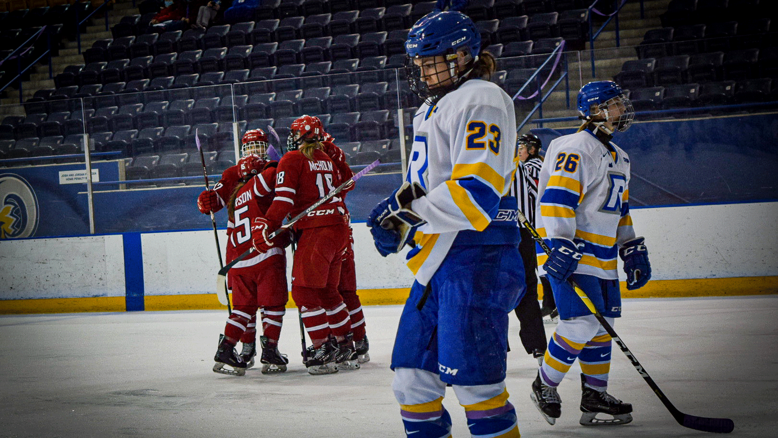 The York Lions in red jerseys celebrate a goal