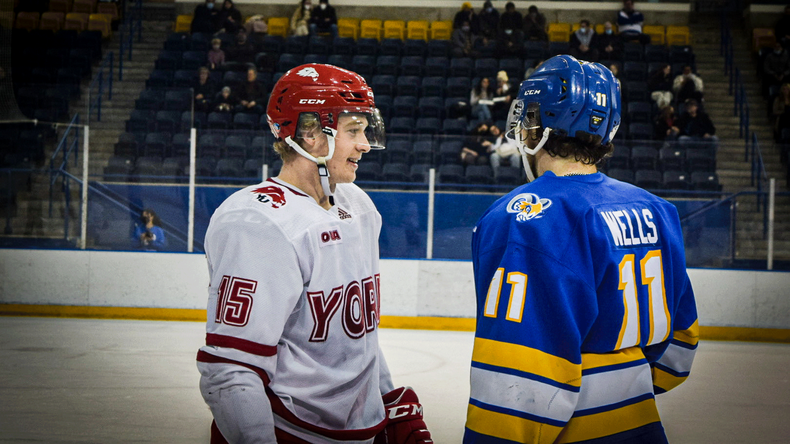 A Rams men's hockey player in a blue jersey chats it up with a York Lions player in a white jersey