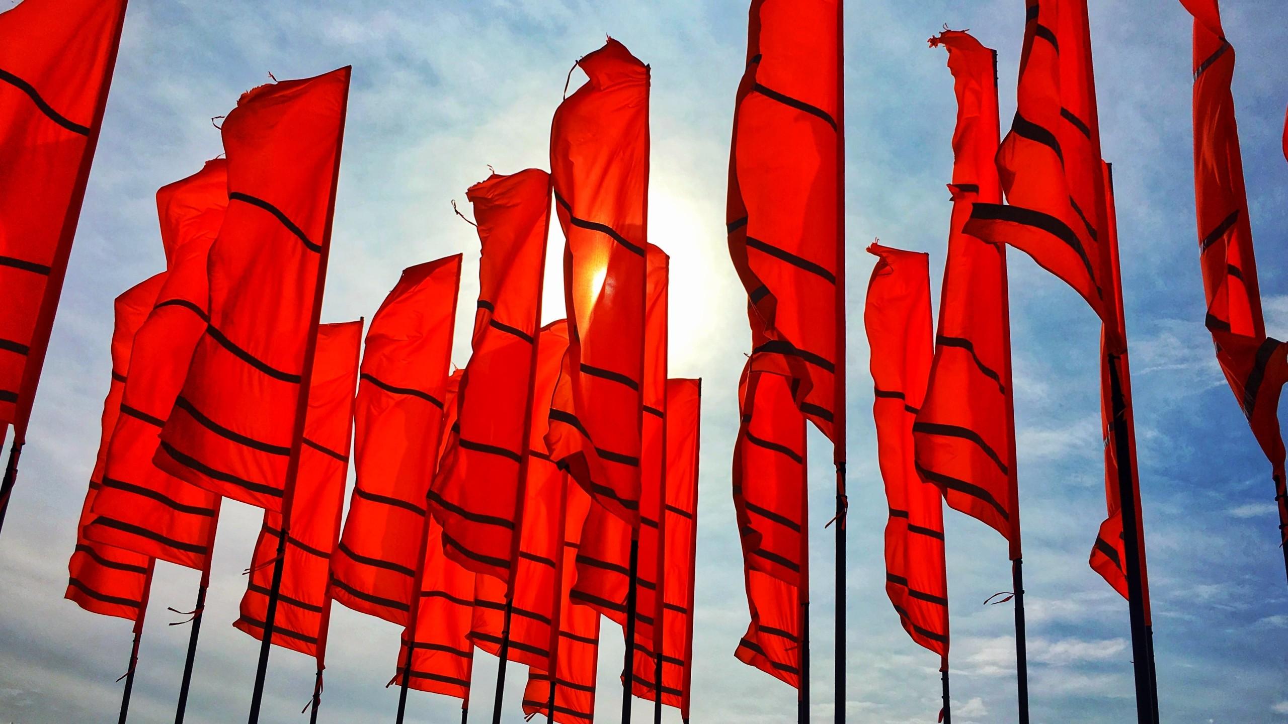 Image of several red flags against a blue sky