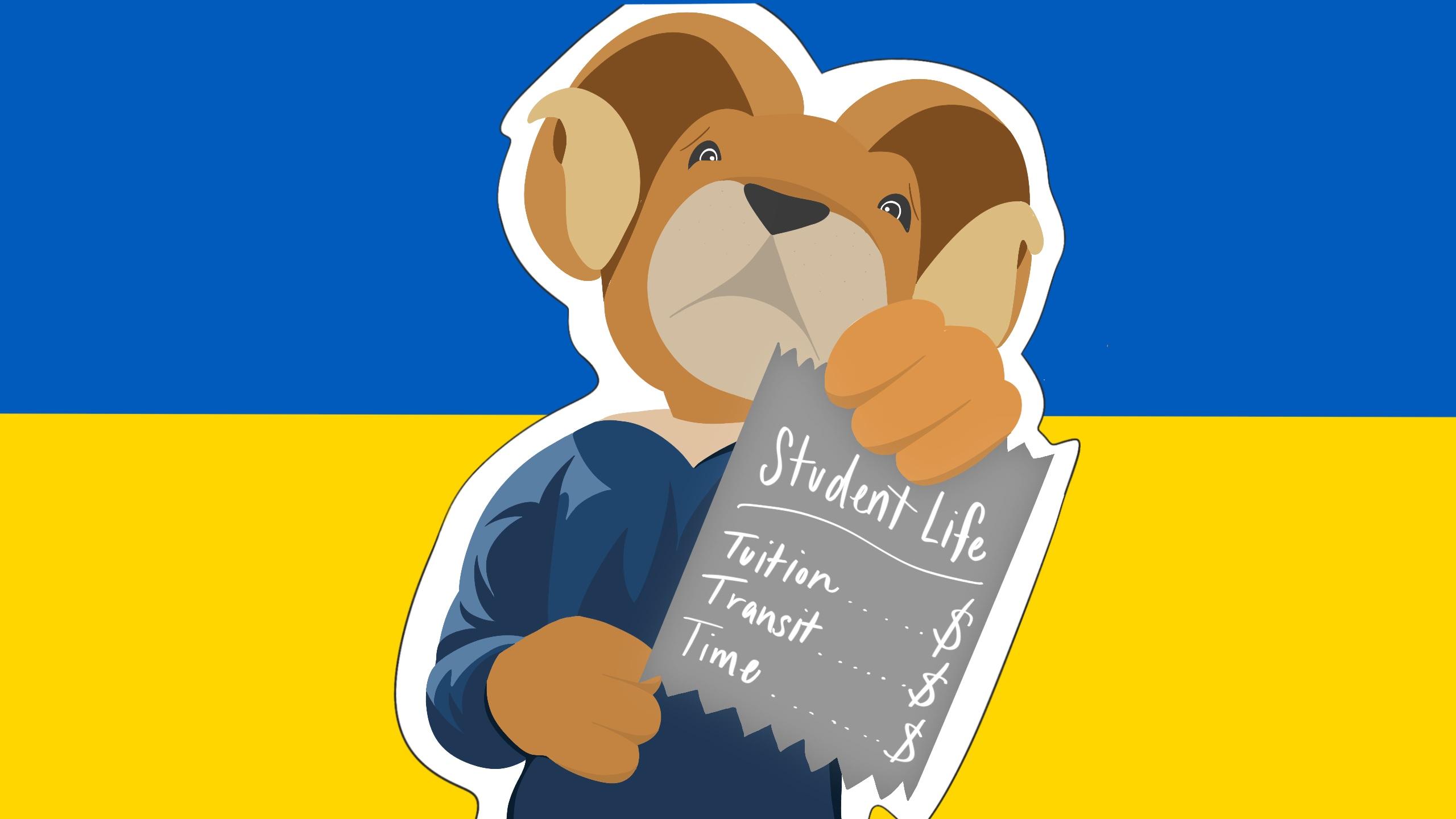 photo of eggy holding a paper, with a blue and yellow Ukrainian flag at the back