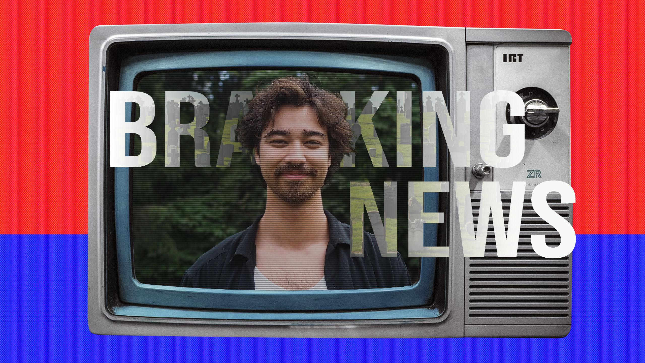 A vintage television that says Breaking News with a picture of Tyler Griffin