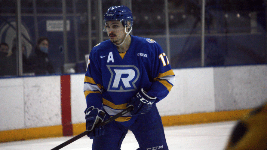 A Rams men's hockey player in a blue jersey