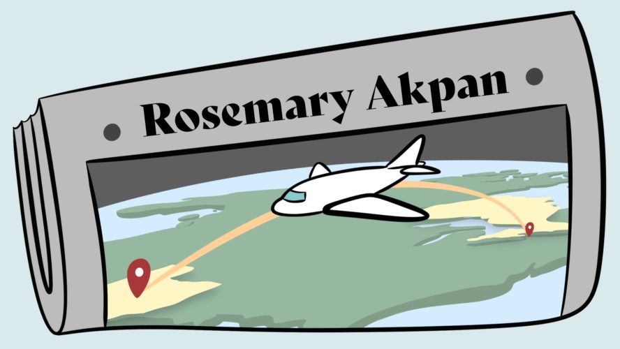 photo of an airplane flying over a map with the name Rosemary Akpan at the top