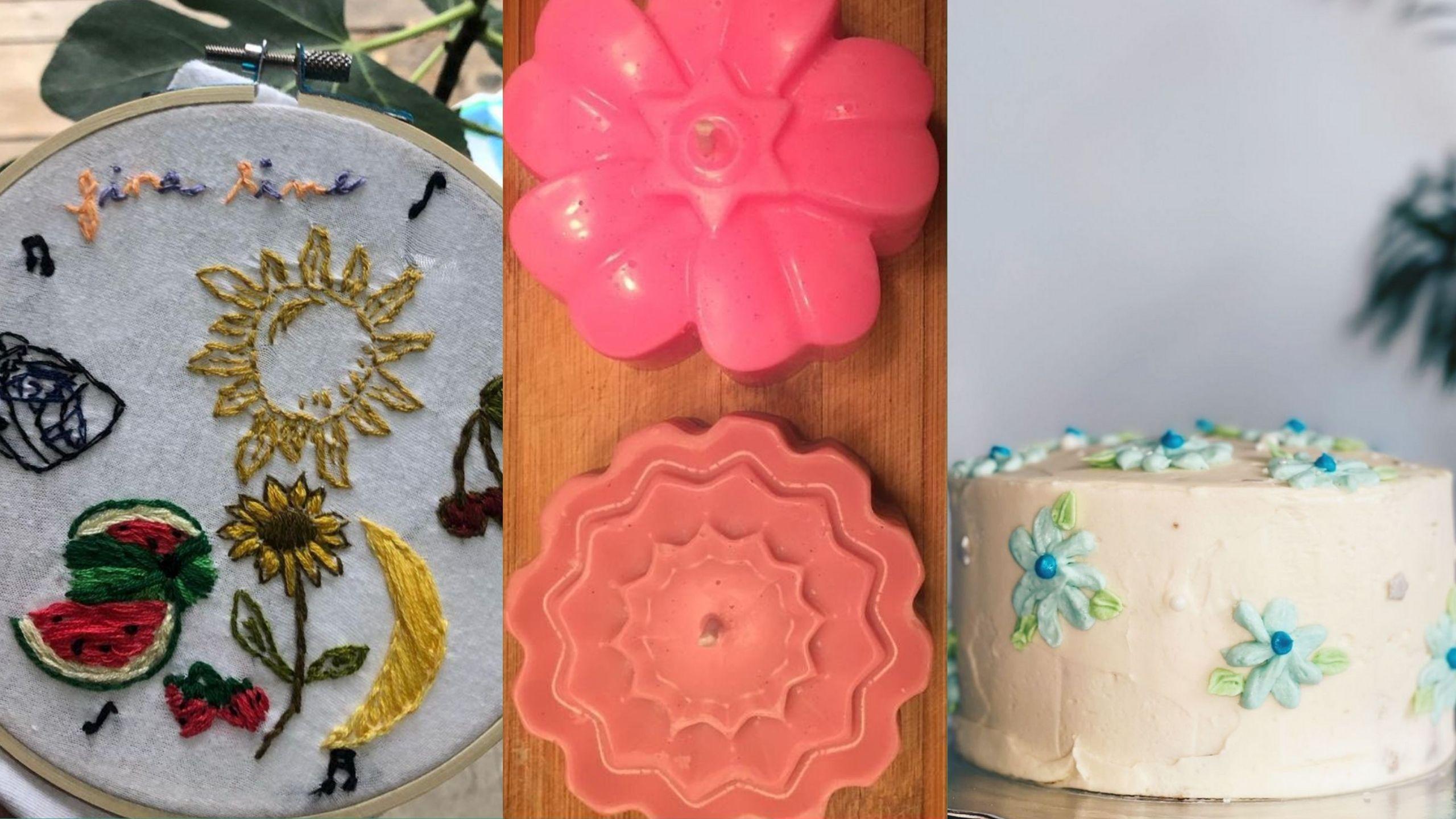 A photo of embroidery, candles, and a cake