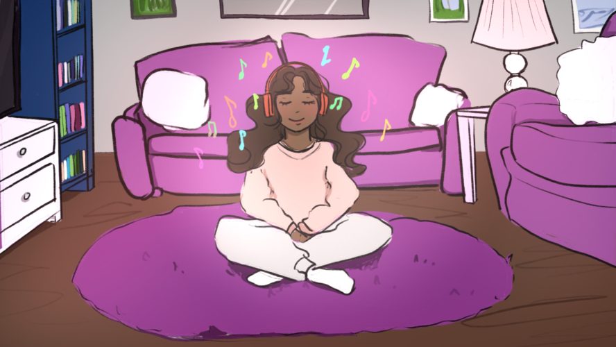 Illustration of person in middle of living room, listening to music and meditating.