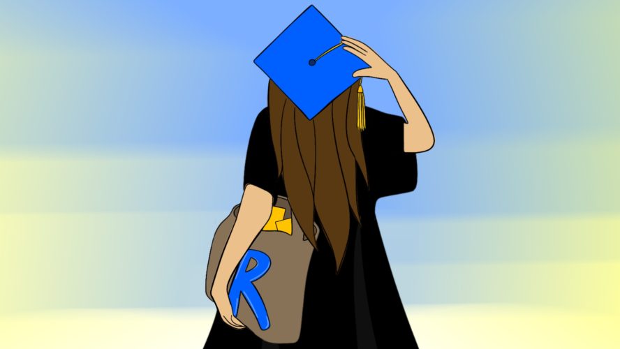 Illustration of a student in a graduation robe, carrying a tote bag with the Ryerson logo on it