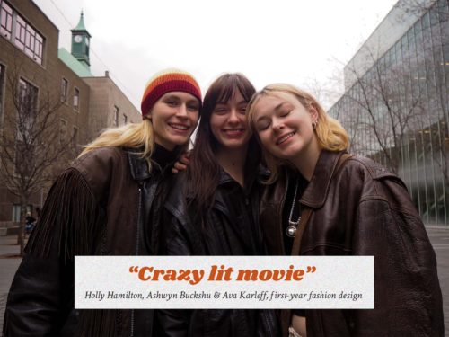 A friend group of 3 standing on Gould Street. Their phrase is "Crazy lit movie"