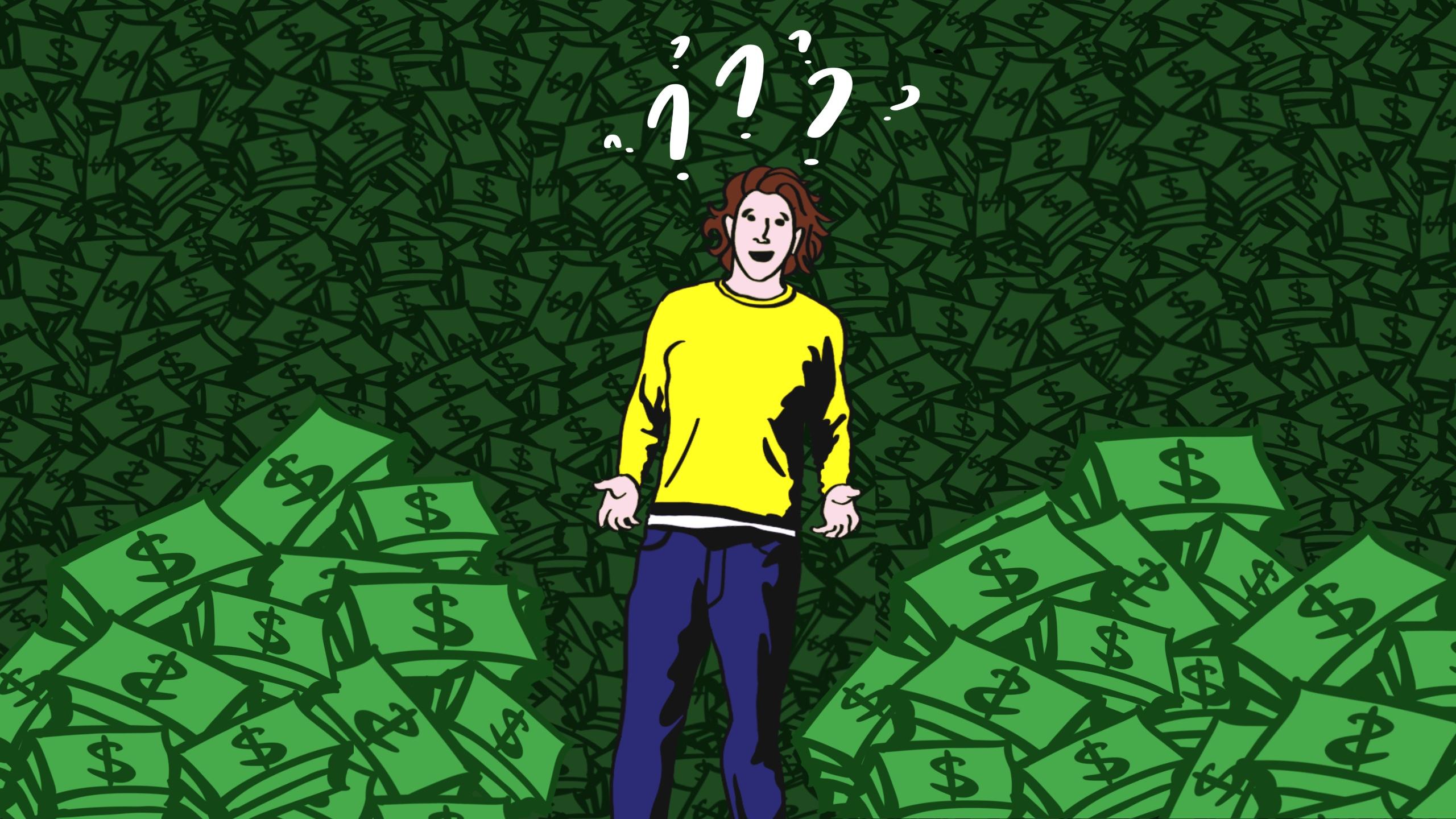 An illustration of a student surrounded by cash and three question marks above his head