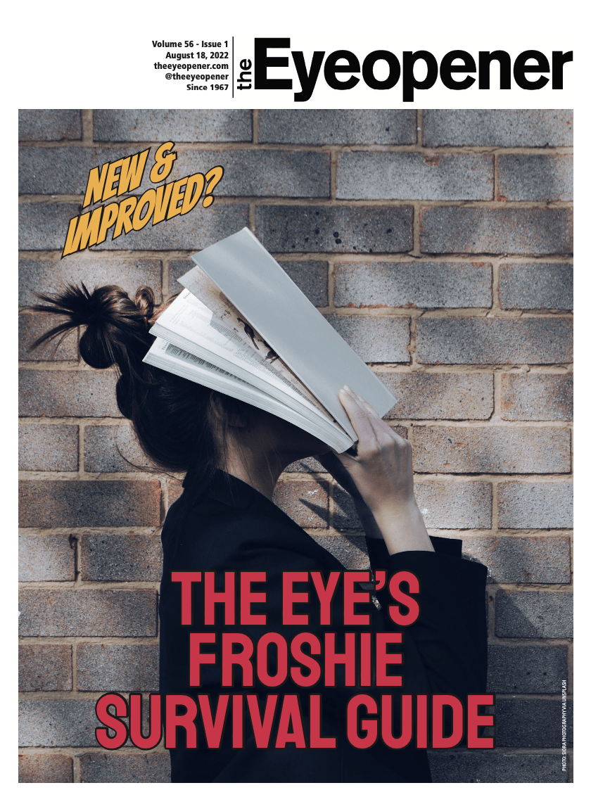 A person holding a book to their face. Yellow text above person that reads "New and improved?" Red text below person that reads "The Eye's Froshie Survival Guide."