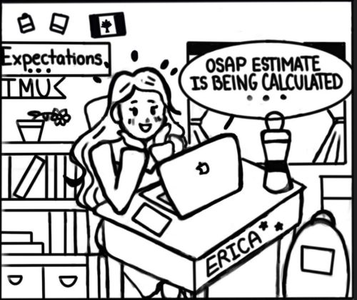 illustration of girl happy in front of her computer in her room happy because her computer says "osap estimate is being calculated"