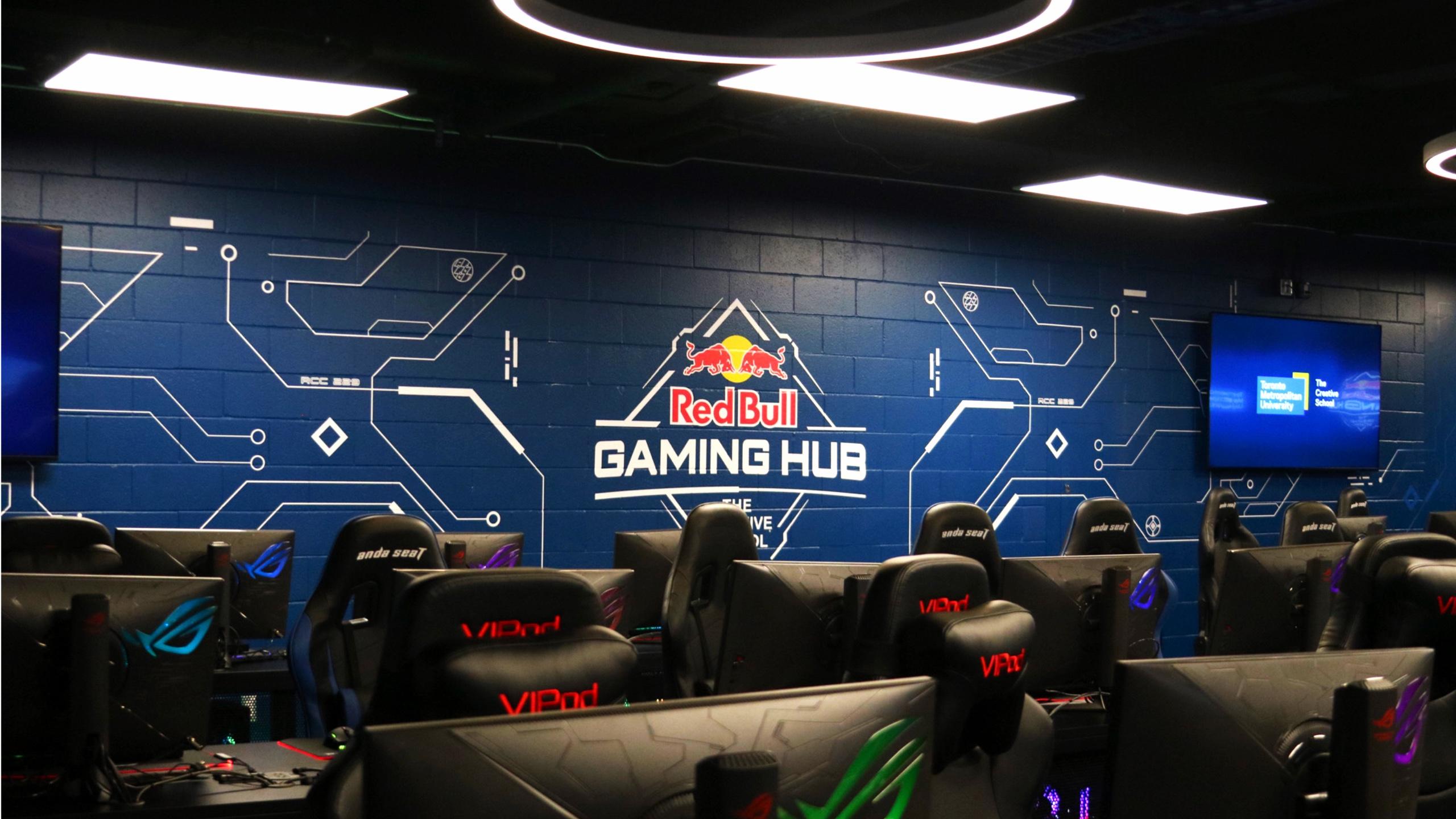 Rows of gaming chairs and computers. On the blue wall at the back of the rooms is the RedBull logo, and the words "Red Bull Gaming Hub"