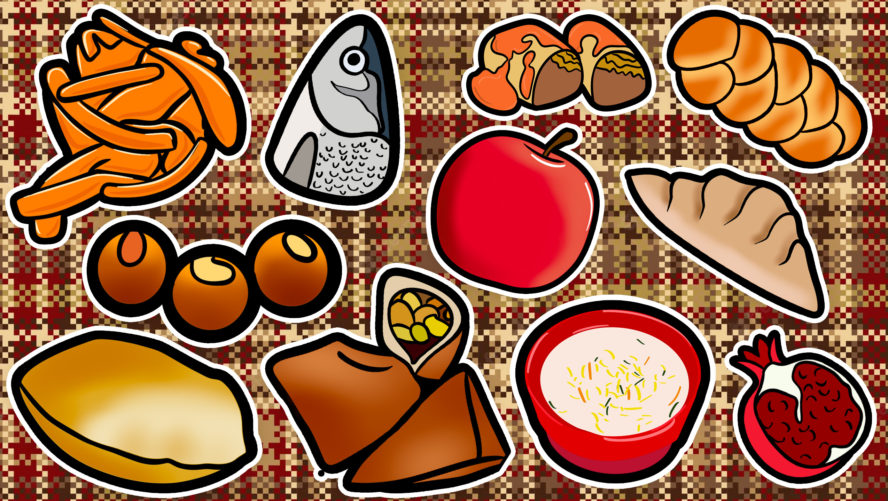 a layout of illustrated cultural food on top of a plaid background