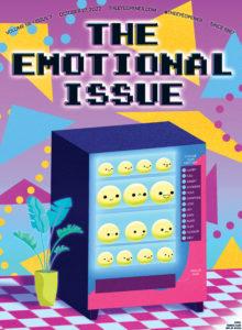 an illustration of a vending machine in vibrant colours, inside the vending machine is a selection of emotion emojis. words ontop of the vending machine says "the emotional issue"