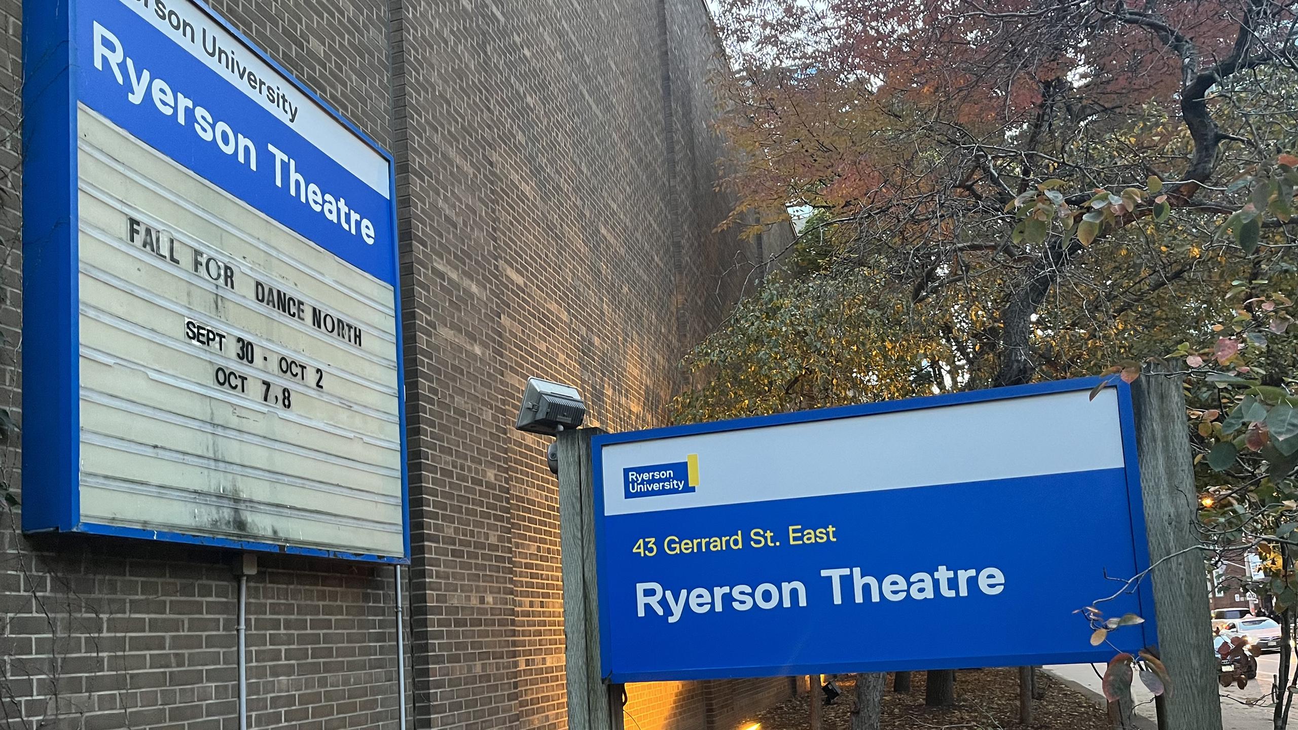 A photo of a blue sign saying "Ryerson Theatre."