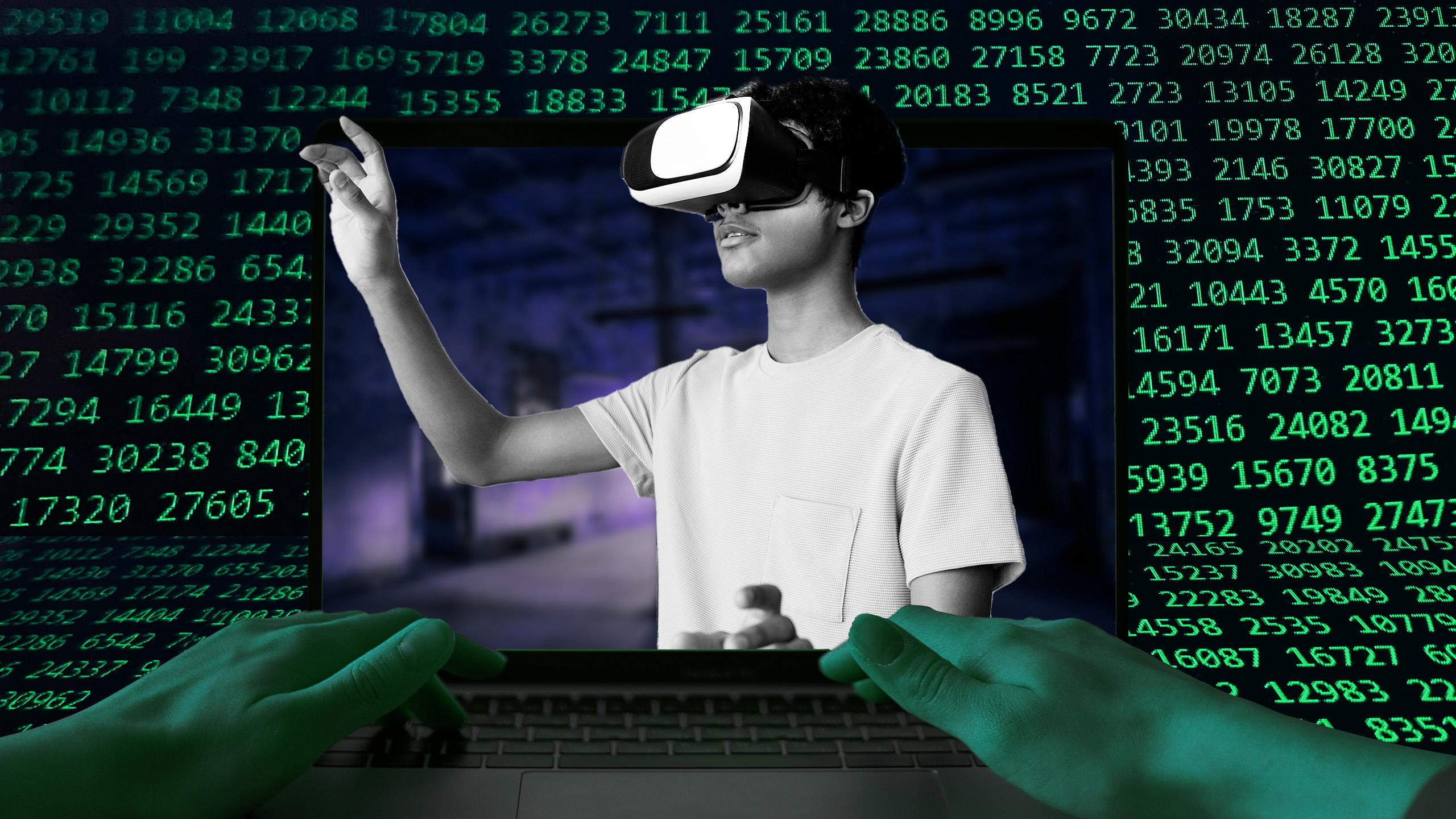 Student with virtual reality headset inside a computer screen surrounded by coding