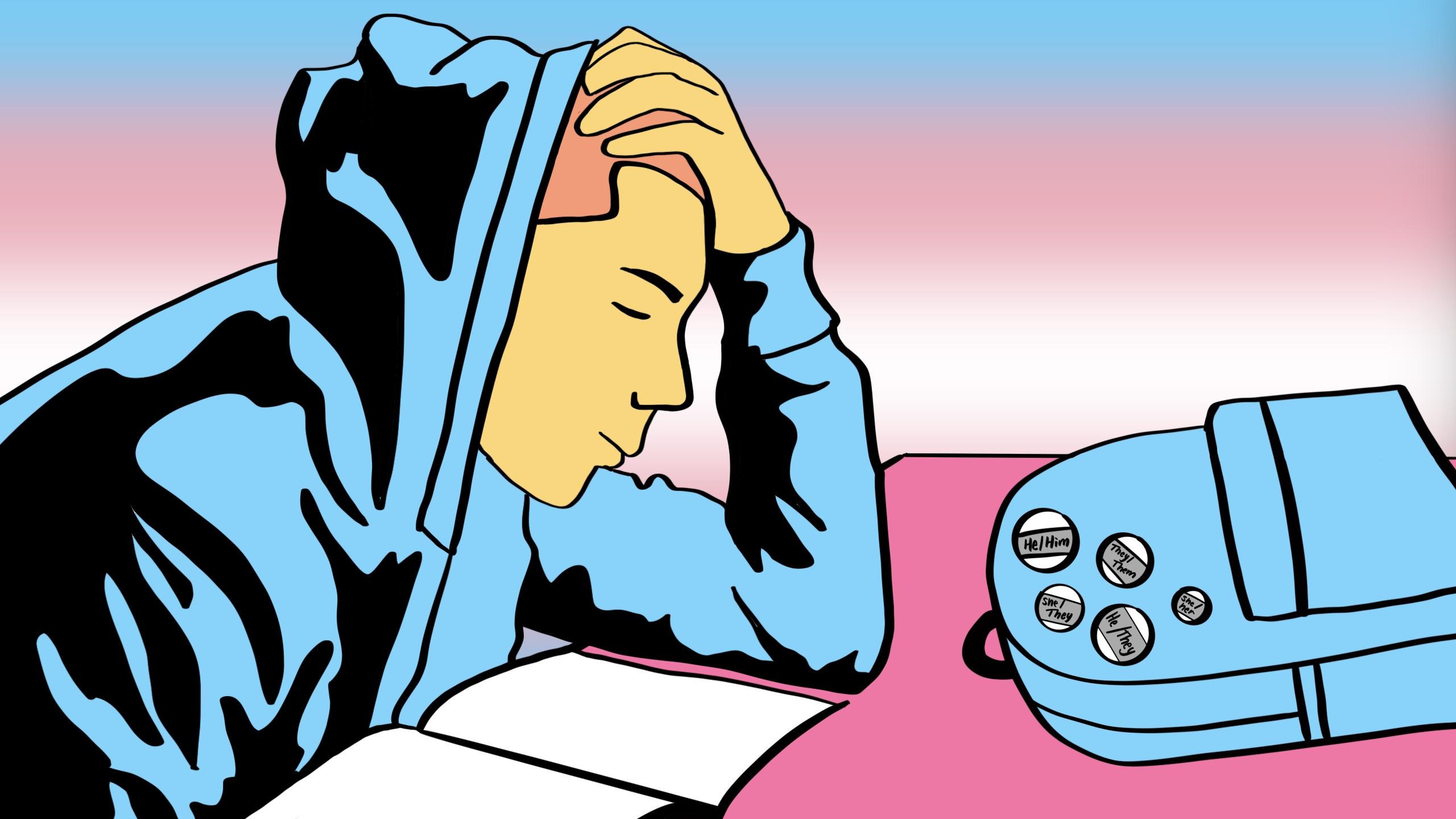 an illustration of a person with their head in their hand leaning over a piece of paper. on the desk is a backpack with buttons that have pronouns