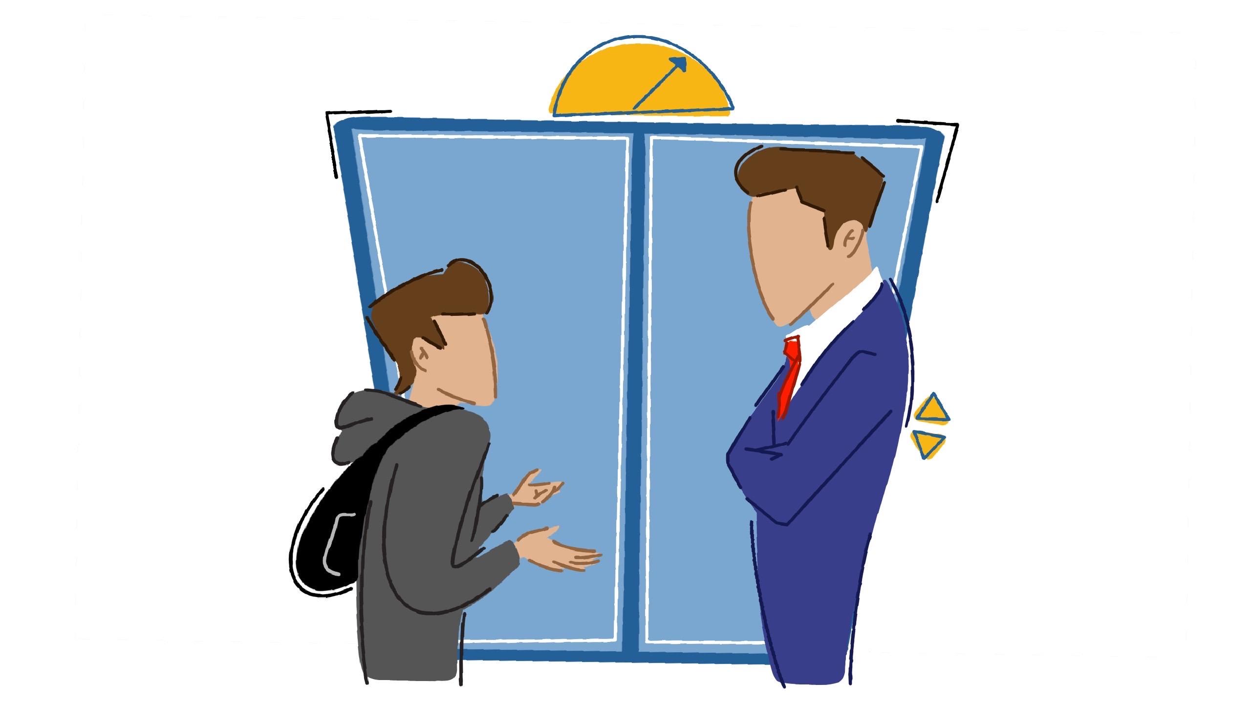 an illustration of two people outside an elevator, one has a backpack and talking to the one on the right who has their arms crossed