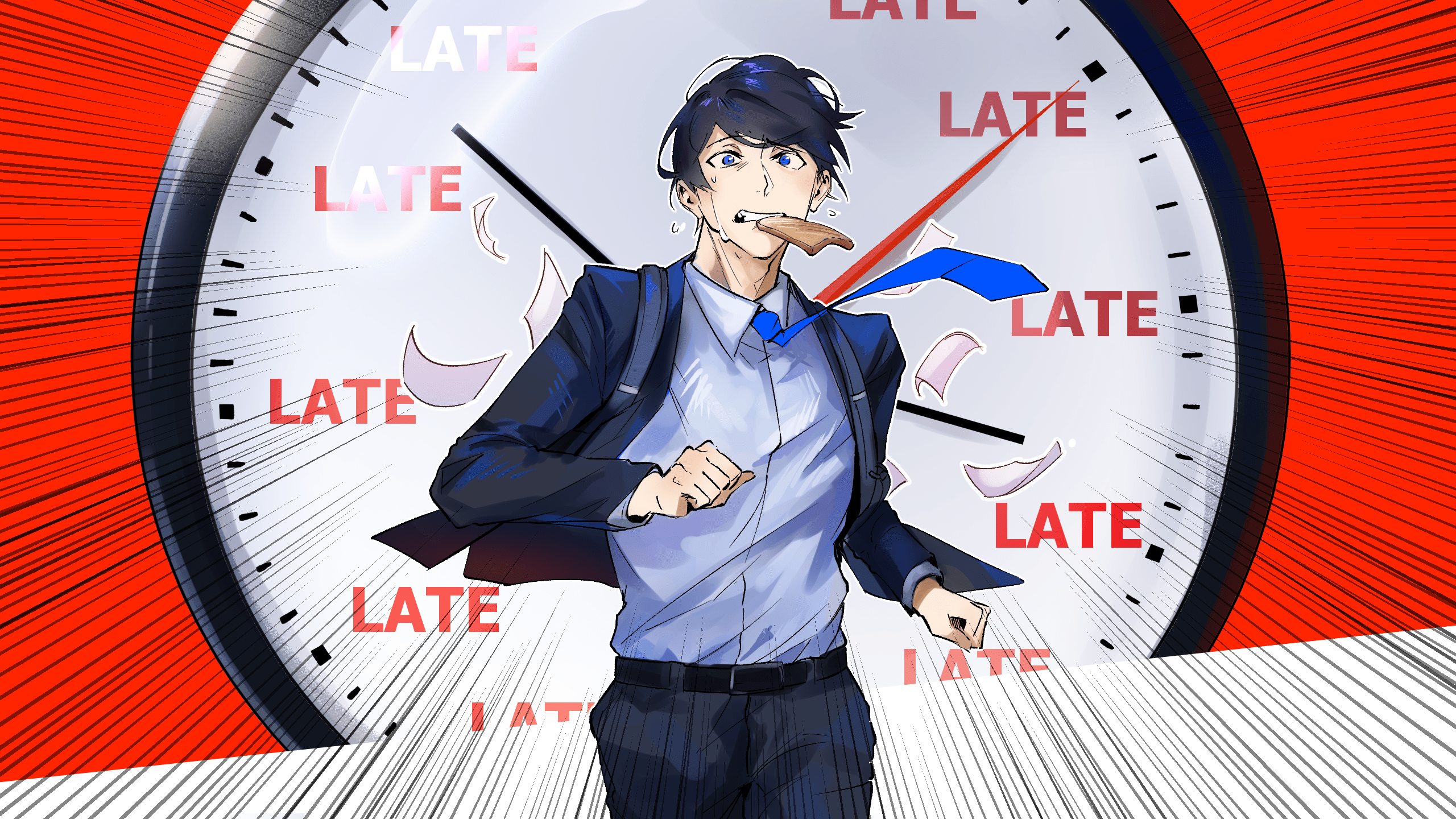 a graphic of a person running away from a large clock behind them that says late in big red letters