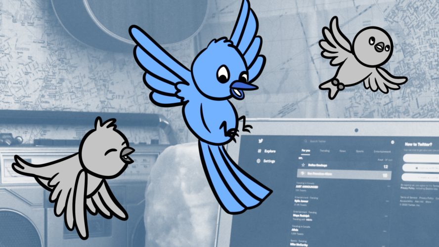 an illustration of a bird landing on a computer that has the Twitter homepage open