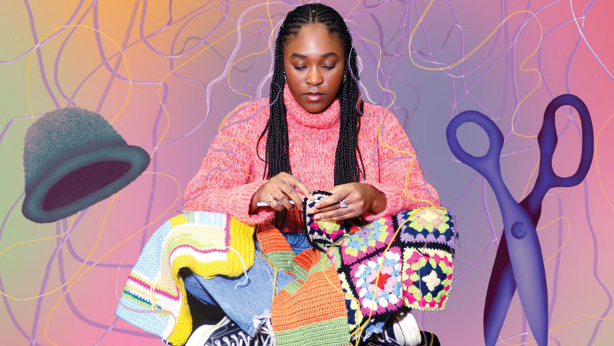 A woman sits on a stool crocheting colourful patters. A coloured gradient sits behind her with a web of yarn and crochet illustrations.