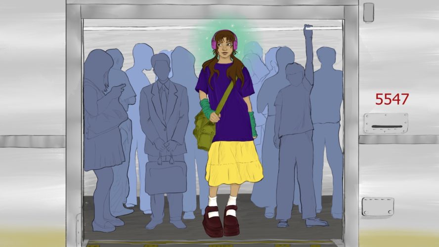 illustration of a person in colour on a subway car filled with people in black and white