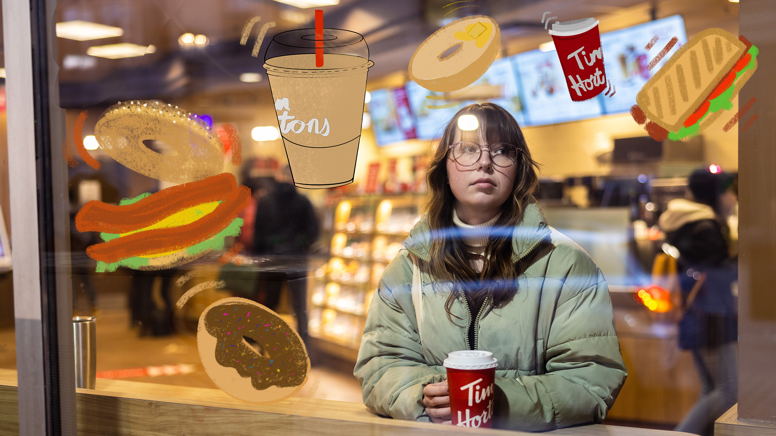 A girl sits behind the window of a Tim Hortons, looking sad. Surrounded by illustrations of food and drink