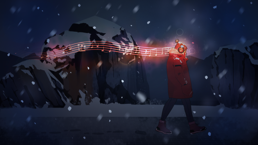 an illustration of a student in a coat and hat with headphones on walking past lake devo with music notes following the person