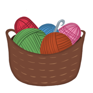 A basket of coloured yarn and a crochet hook
