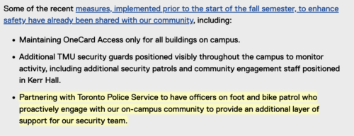 A screenshot of the a TorontoMet Today statement published on January 10. The section about partnering with Toronto Police Service is highlighted in yellow. 