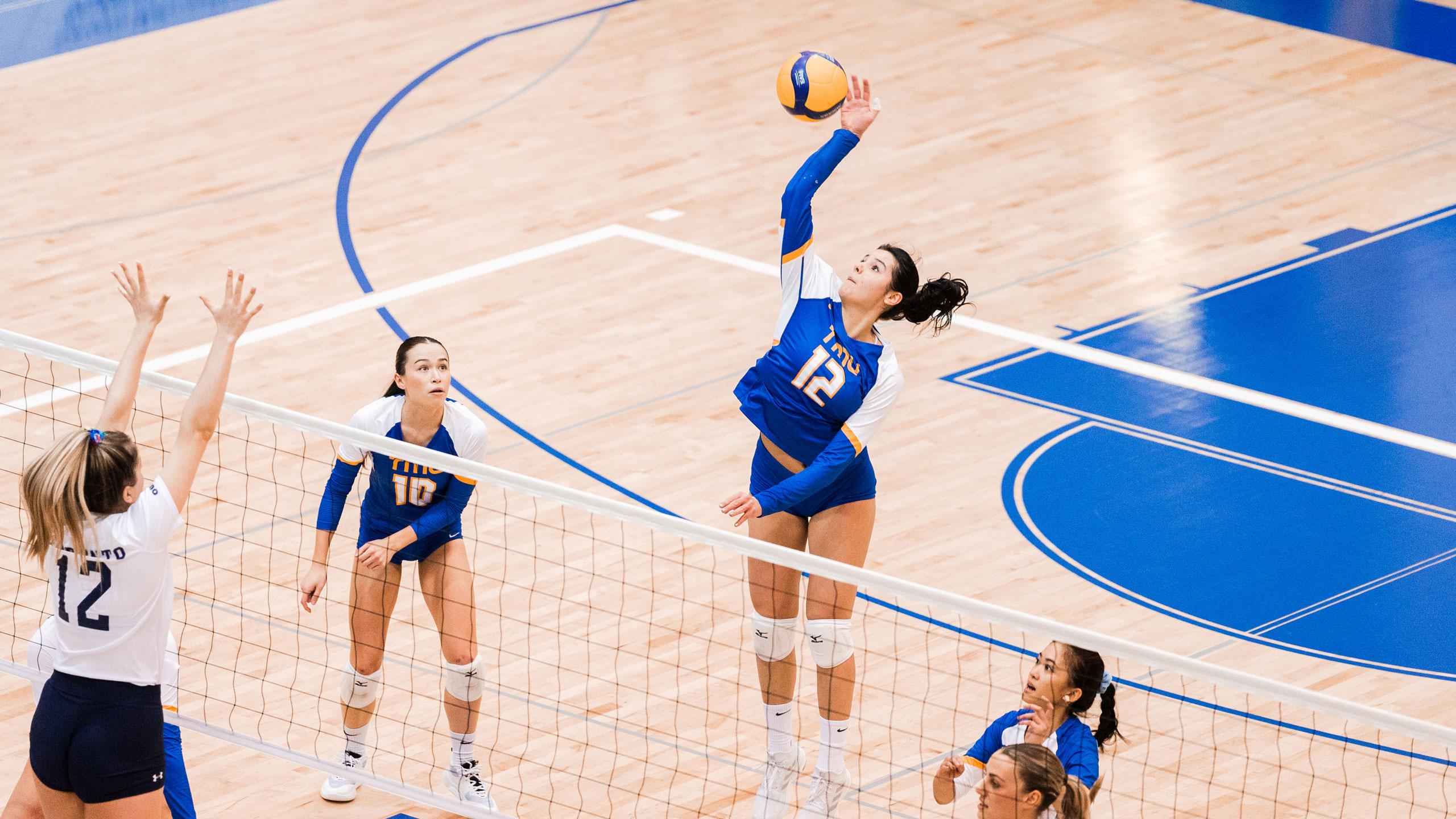 A TMU women's volleyball player in a blue jersey spikes the ball toward the UofT side