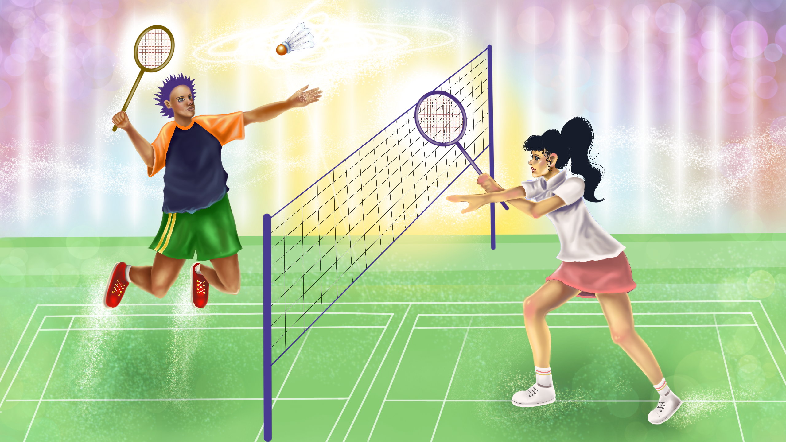 An illustration of two people playing badminton on a green court with a rainbow background