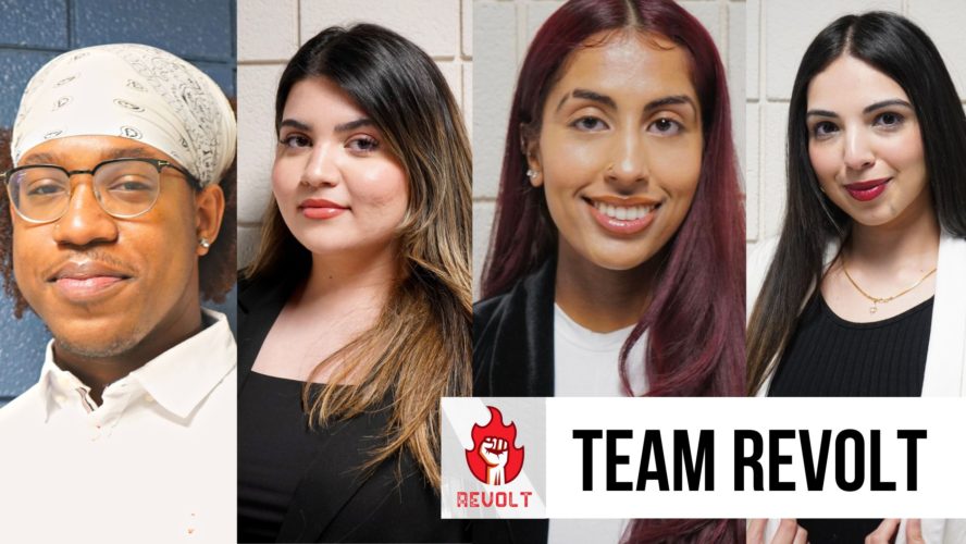 4 headshots of TMSU candidates with text reading "Team Revolt"