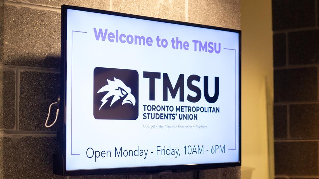 A white TV mounted on a brick wall reading "TMSU"