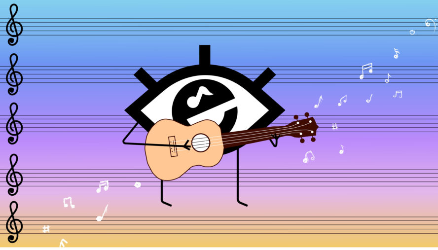 Eyeopener logo with a musical note in black pupil playing brown and skin guitar. Blue, purple, pink and orange coloured gradient background with black music sheet lines and white musical notes flying diagonally from the corners of the guitar (one side flying right towards top, other side notes are flying to the bottom left)
