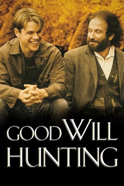 Good Will Hunting movie poster. Actor Matt Damon and Robin Williams sit next to each other.
