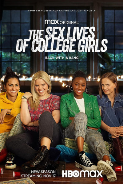 The Sex Lives of College Girls movie poster. Four women casually sitting together and smiling.