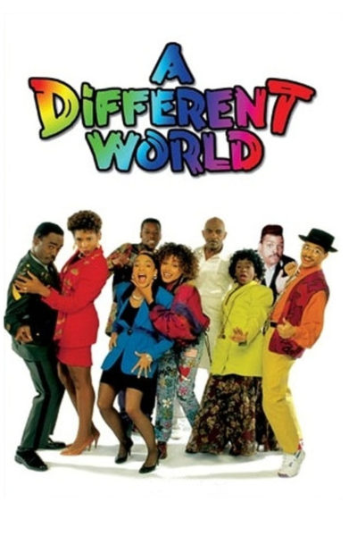 A Different World movie poster. A group of performers posing next to each other and singing.