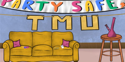 A Colorful Party banner that says party safe, with the letters of TMU below it. A yellow couch with condoms, blunts, and bag of cocaine on the couch. A bong sitting on the stool to the left.