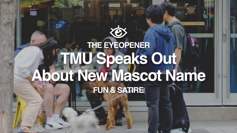 A group of people around various dogs on leashes. Text reads: TMU speaks out about new mascot name. Fun and satire