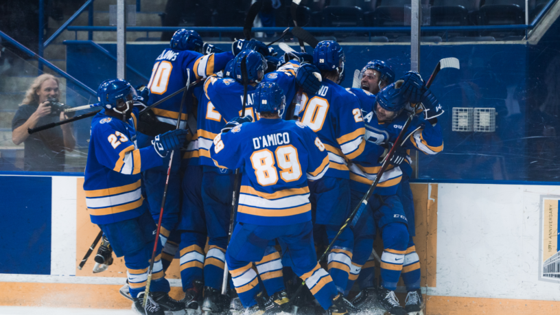 The TMU Bold men's hockey team huddle and celebrate an overtime winning goal