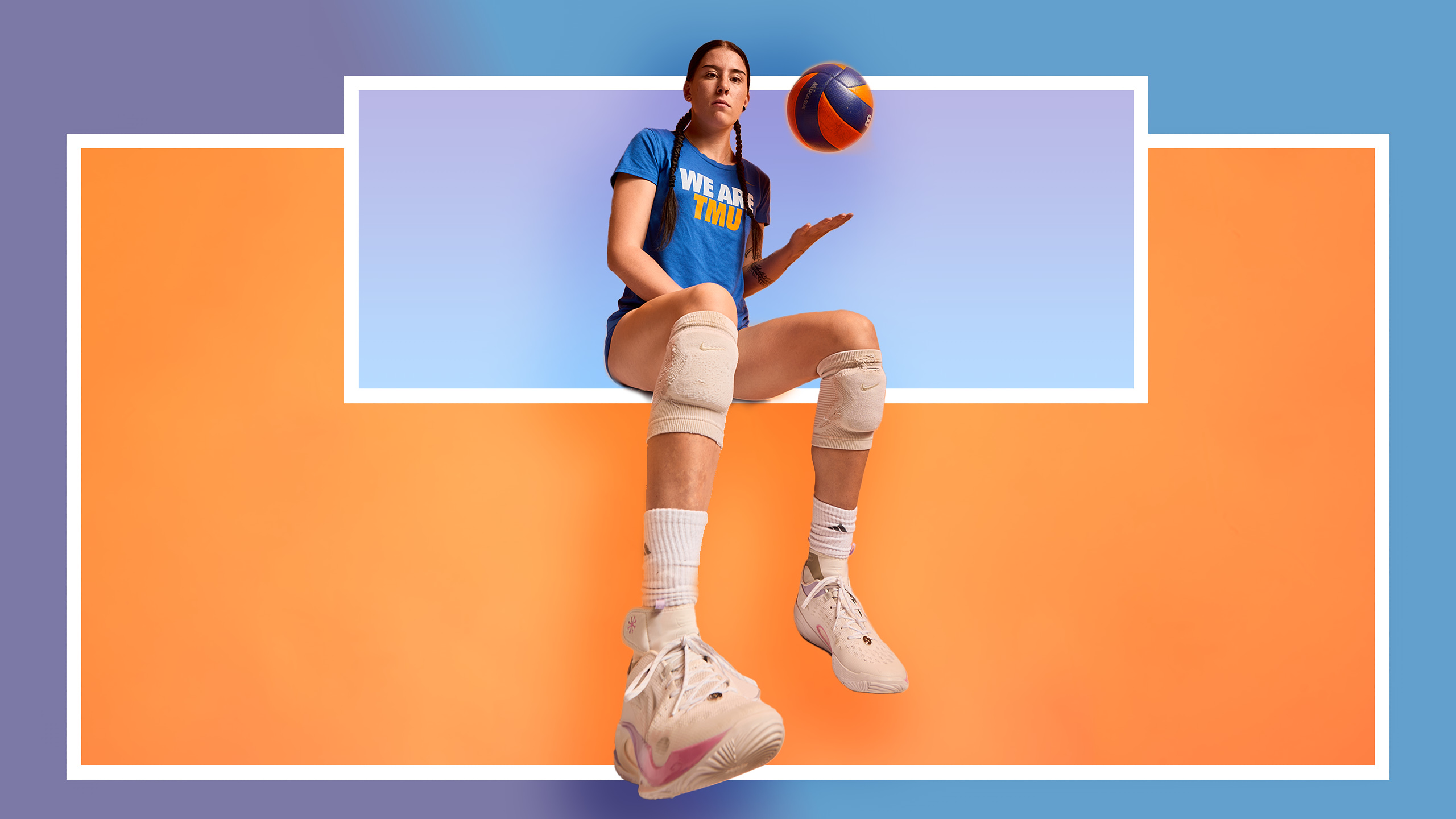 Volleyball player tosses a ball on a colourful background