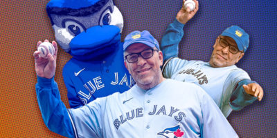 Collage of a man wearing sports attire with a blue jay mascot behind him with an ombre background
