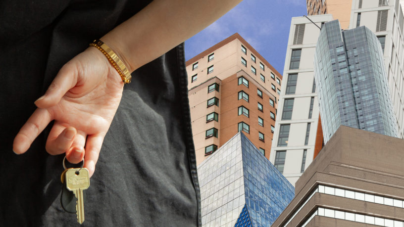 A hand dangles keys in front of a collage of Toronto buildings