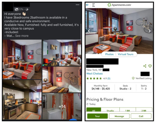 A side-by-side comparison of the listing Fayha saw on Facebook and a listing in New York 