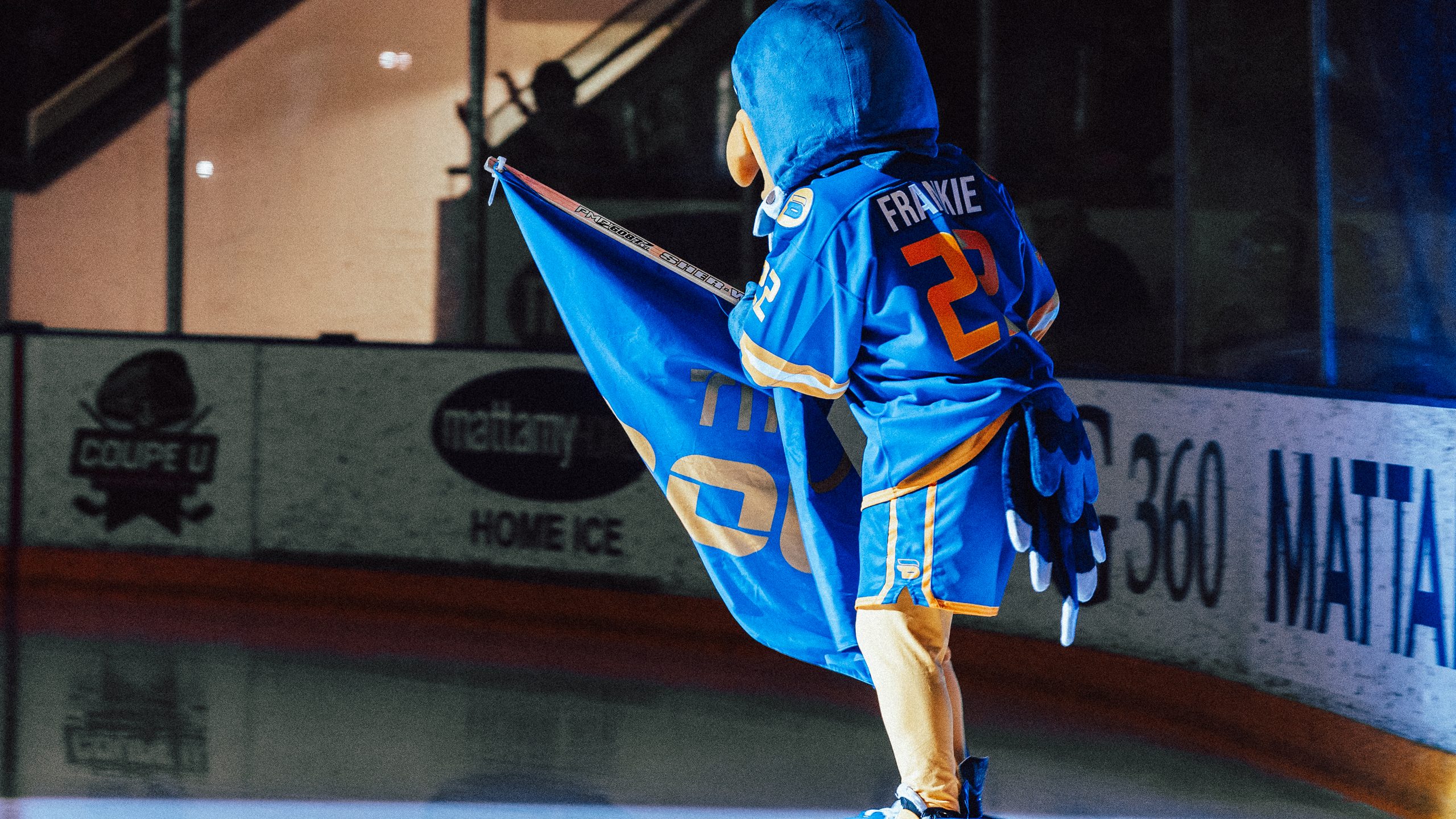 New TMU Bold mascot Frankie the Falcon holds a flag while skating on the rink