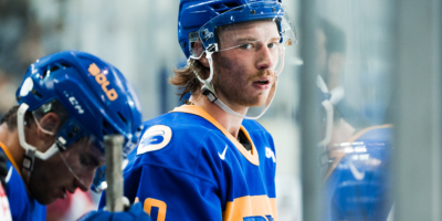 TMU Bold hockey player Evan Brand looks into the camer
