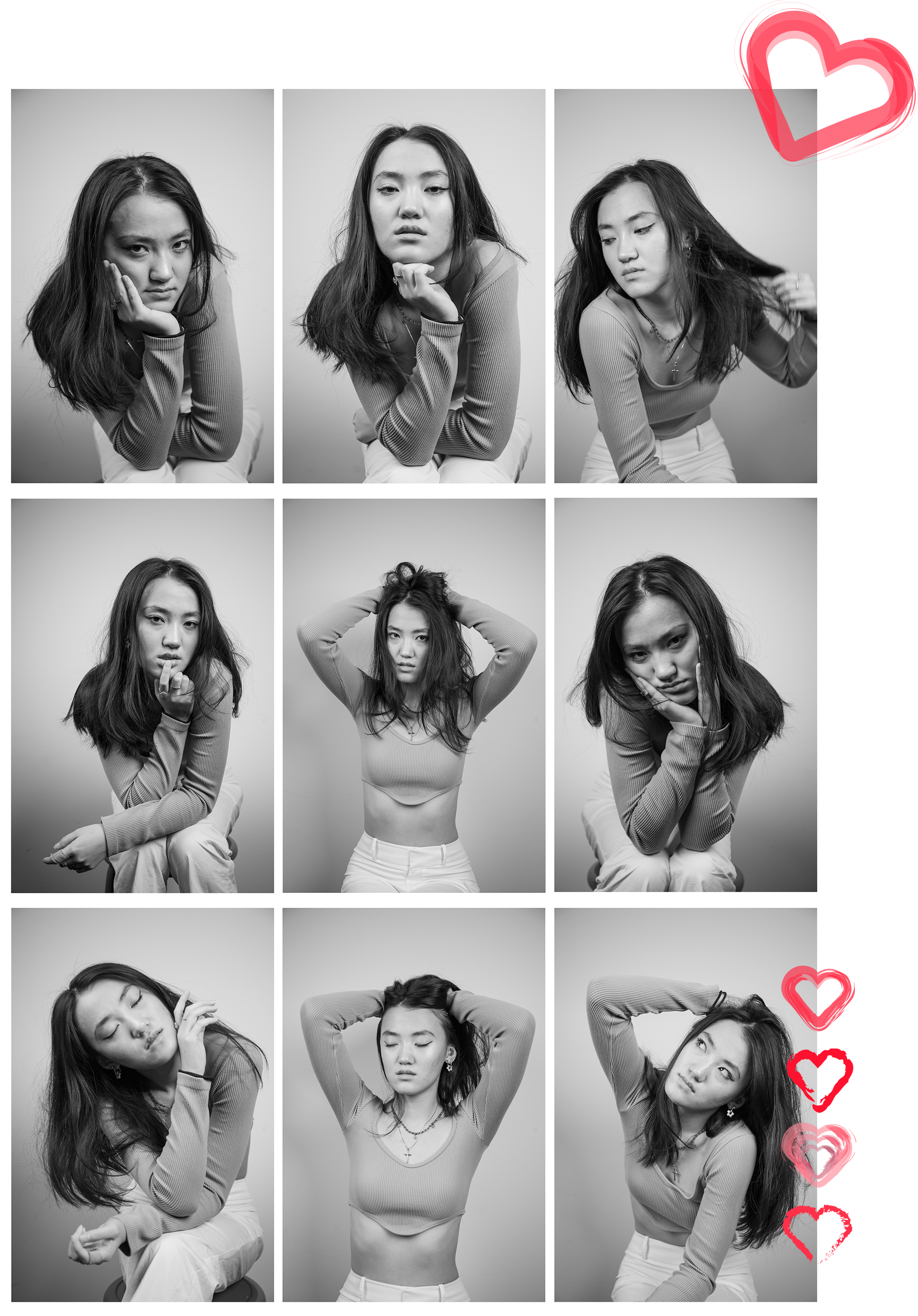 A grid with 9 photos of a girl sitting on a stool with various facial expressions and poses.